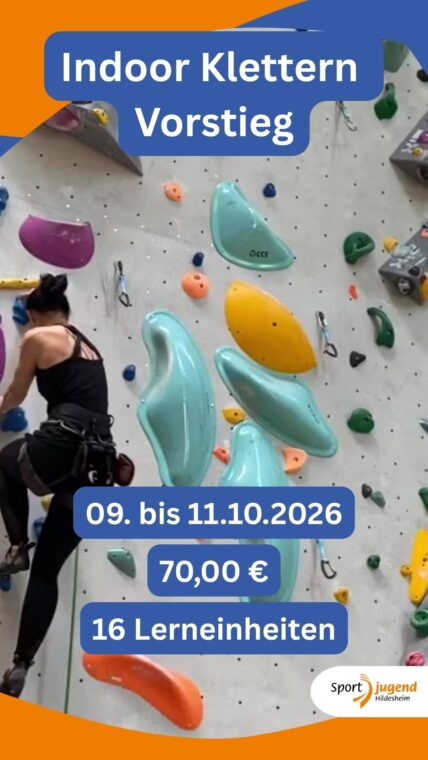 Die Sportjugend Hildesheim bietet vom 09. bis 11. Oktober 2026 die Fortbildung „Indoor Klettern – Vorstieg“ an.
